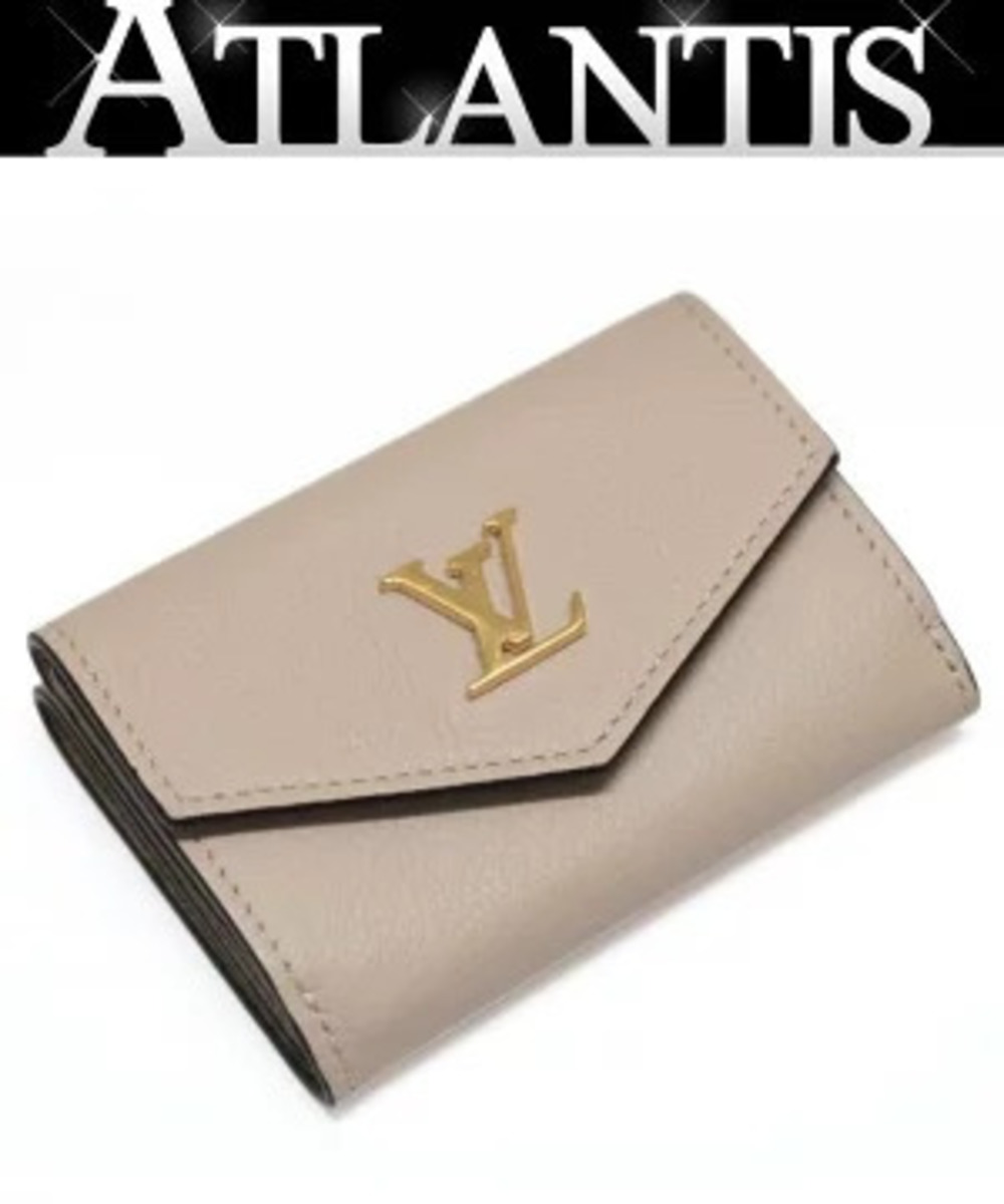 Louis Vuitton Portefeuille Lock Tri fold Compact Wallet Calfskin Greige Gray